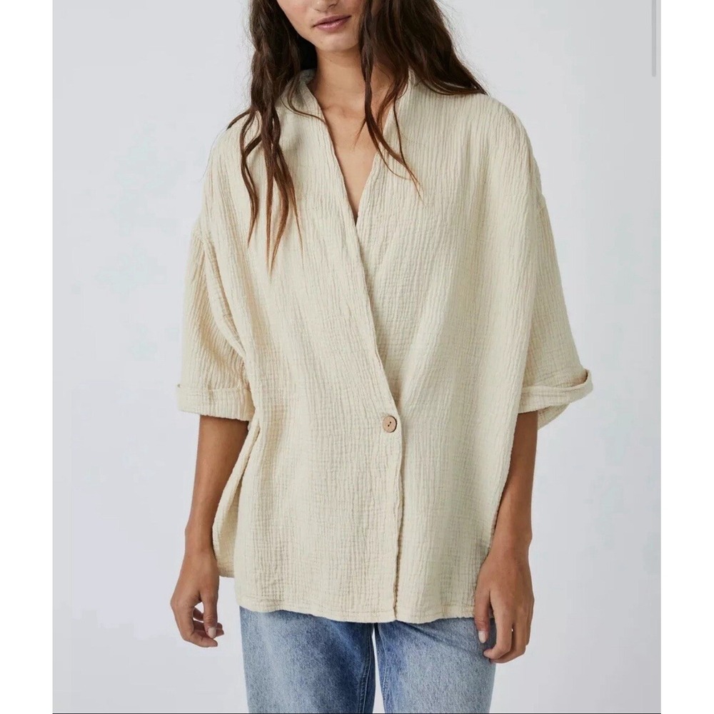 We The Free- Free People Women Lou Blazer Top Cream White Size Small 100% Cotton